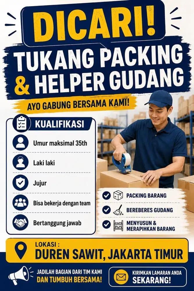 DICARI TUKANG PACKING DAN HELPER GUDANG / Duren Sawit Jakarta Timur