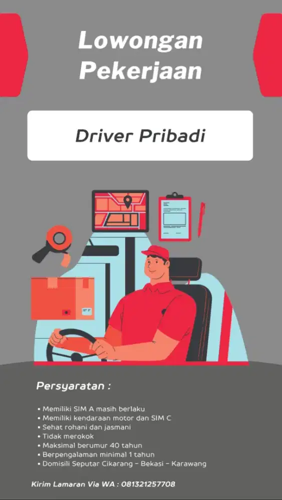 Sopir Pribadi antar dan jemput ke kantor, bekerja Senin - Jumat