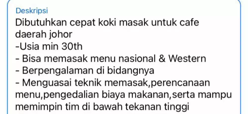 dicari koki masak buat di cafe