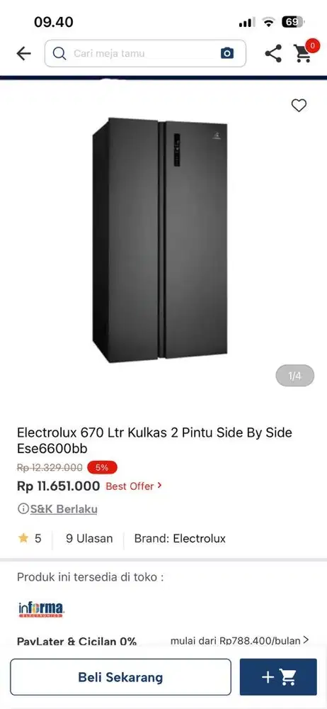 kulkas eelctrolux 2 pintu readyy