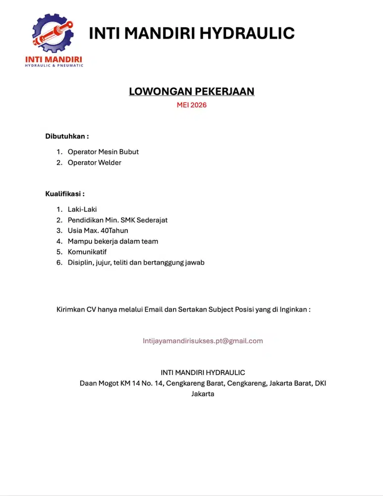 Lowongan Pekerjaan Hidrolik (Operator Bubut, Welder)