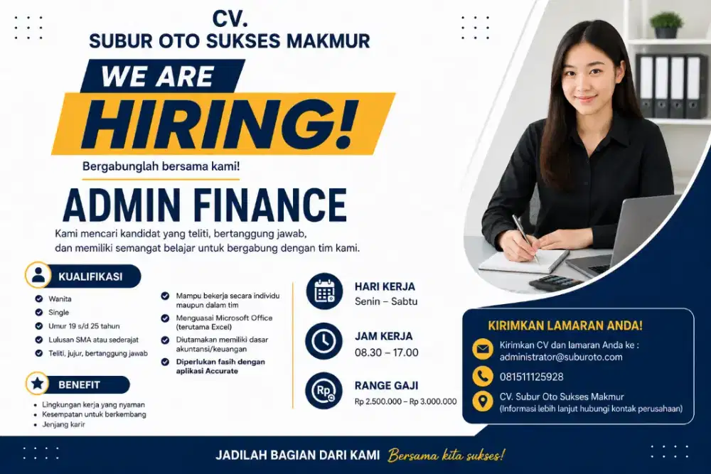 Dicari Admin Finance siap kerja