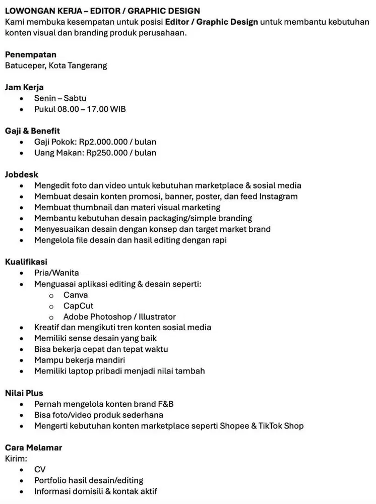 Dibutuhkan Content Creator dan Editor