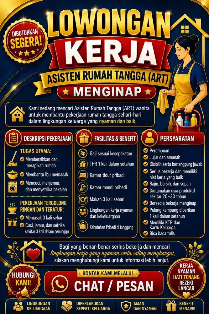DIBUTUHKAN SEGERA ASISTEN RUMAH TANGGA (ART)