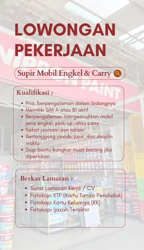 lowongan supir kenek, office girl dan gudang