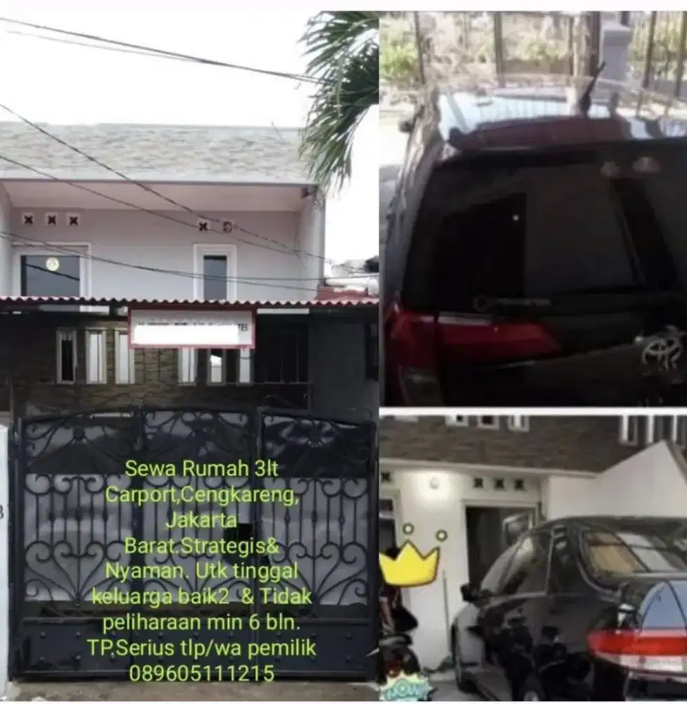Sewa rumah 3 lt carprt Cengkareng,Jakbar.Rp19jt/6bl.Tdk banjir.TP