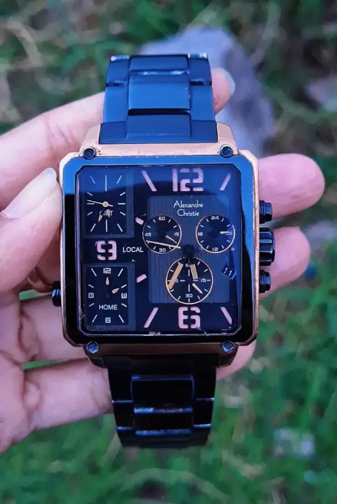Jam Tangan Pria Premium Dual Time Elegan Full Black Rosegold