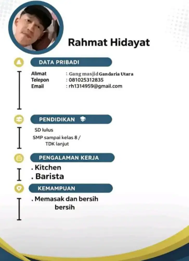 Saya sedang mencari pekerjaan pengalaman saya kitchen dan barista