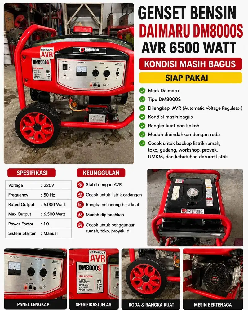 Genset Bensin Daimaru DM8000S AVR 6500 Watt SECOND NORMAL BAGUS
