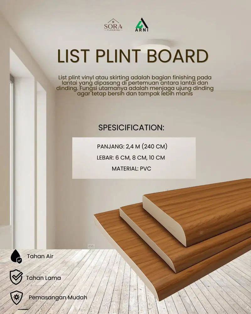 List Plint Arni Board PVC Motif Kayu Panjang 2,4 mm Anti Rayap Harga P