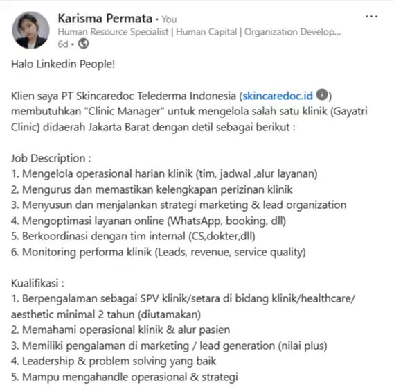 Manager Klinik Jakarta Barat (Healthcare)