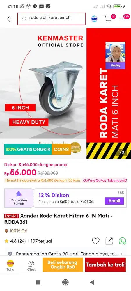 Roda gerobak 6 inch 1 set baru