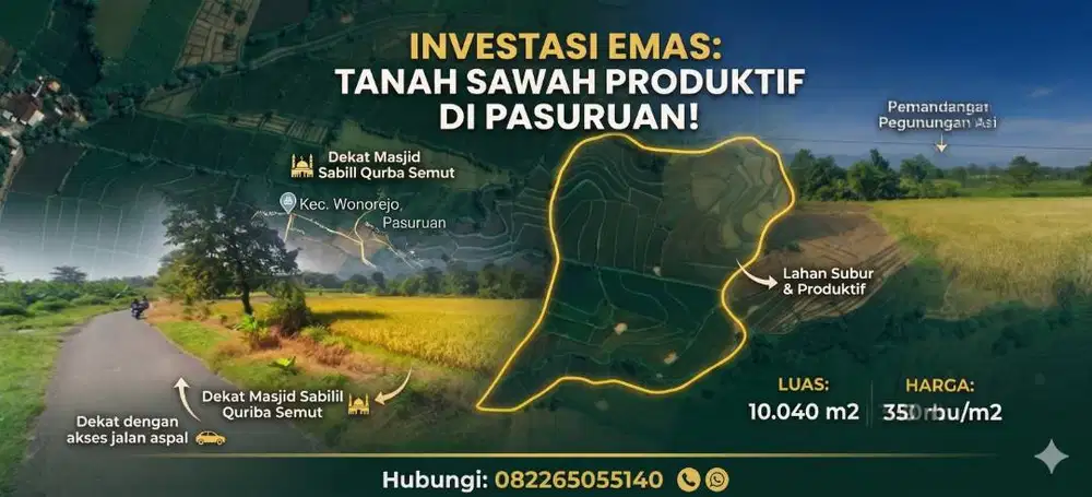 Investasi Emas! Tanah Sawah Produktif 1 Ha di Wonorejo Pasuruan -