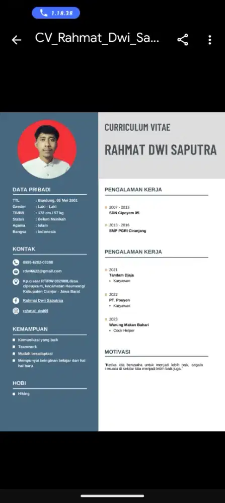 Mencari pekerjaan housekepping/OB , pekerjaan lain pun tidak apa