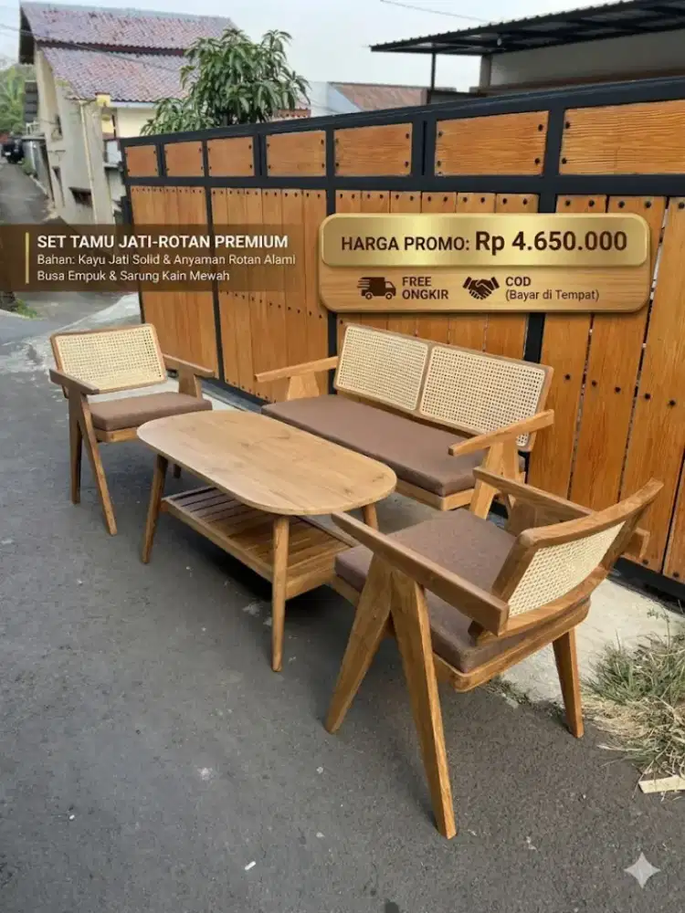 Set kursi tamu minimalis kayu jati kombinasi rotan