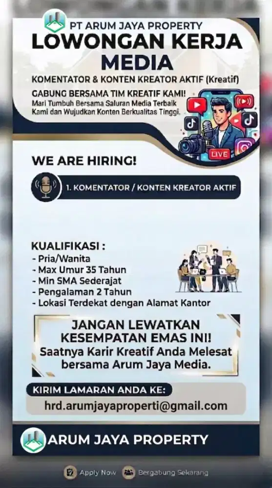 Lowongan kerja Komentator/konten kreator aktif