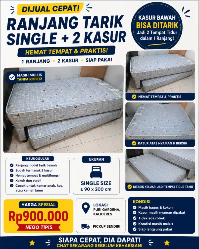 Murah! Ranjang Tarik Single + 2 Kasur | Masih Mulus