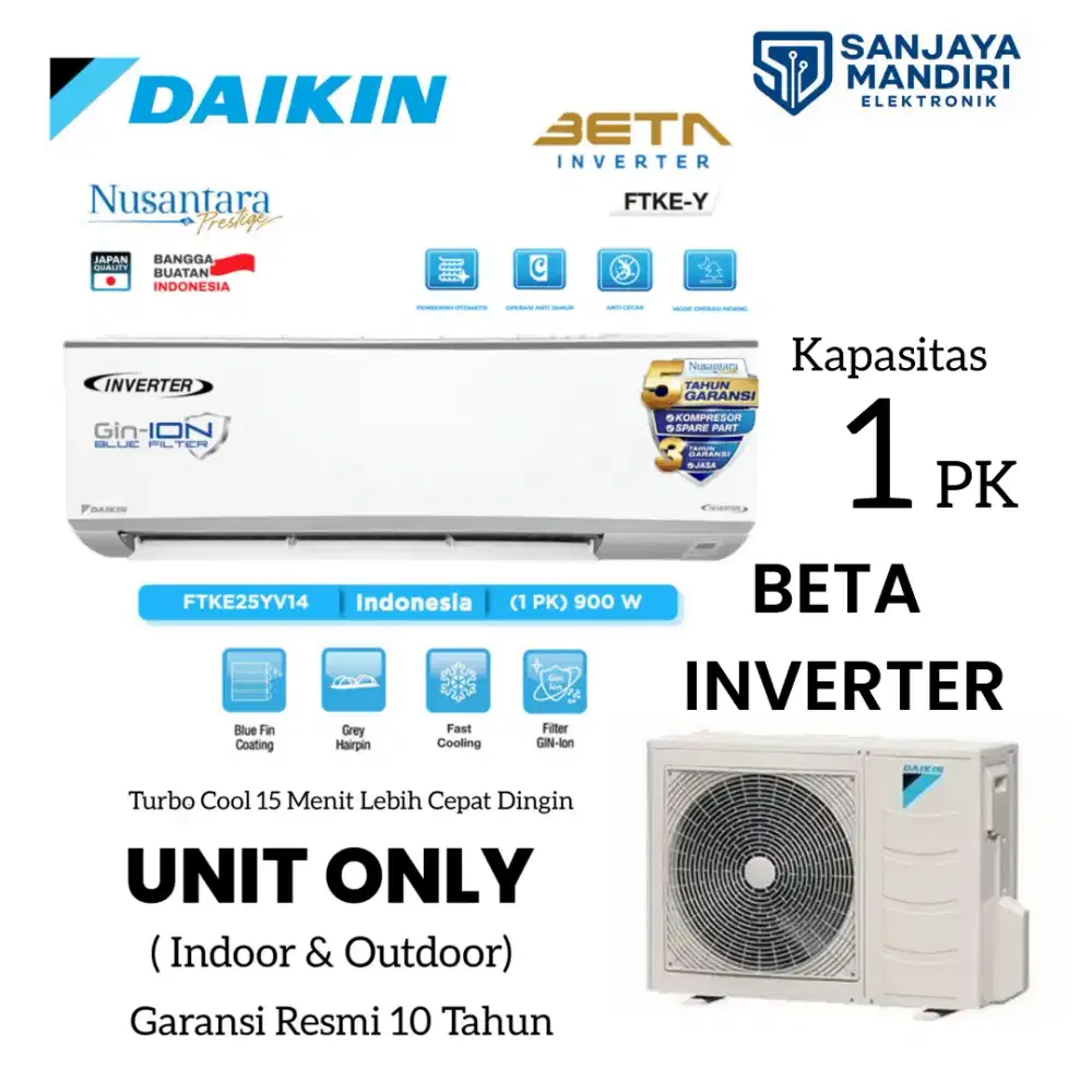 DAIKIN AC Split 1 PK BLUE FIN BETA INVERTER  Nusantara Prestige FTKE25