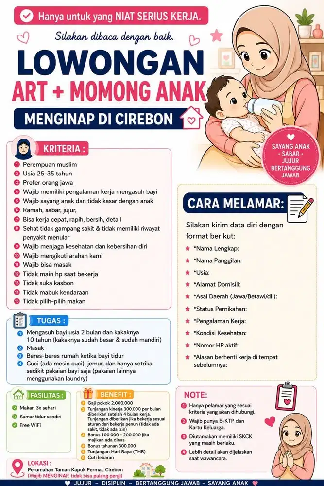 Lowongan kerja Asisten Rumah Tangga ART + Momong Anak