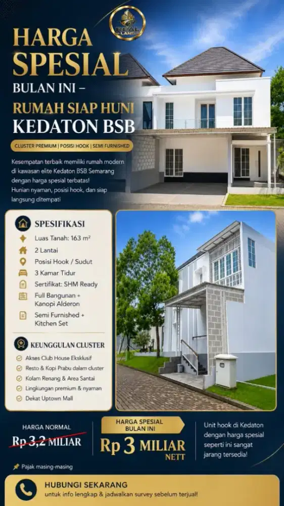 RUMAH CANTIK LOKASI HOOK DI KEDATON PARK KAWASAN BSB SEMARANG
