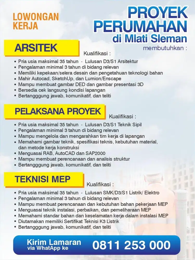 Di butuhkan arsitek, lulusan teknik sipil dan teknik elektro