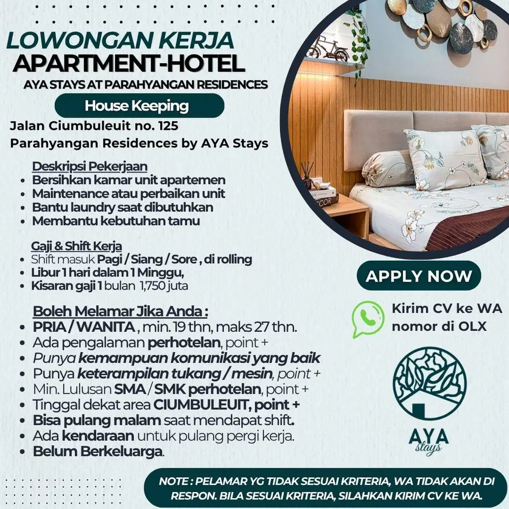 Lowongan Kerja House Keeping Apartemen di AYA Stays Bandung