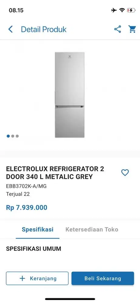 ELECTROLUX REFRIGERATOR 2 DOOR 340 L METALIC GREY