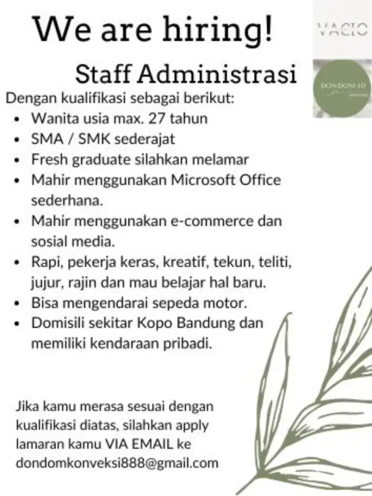 LOWONGAN KERJA ADMIN E COMMERCE
