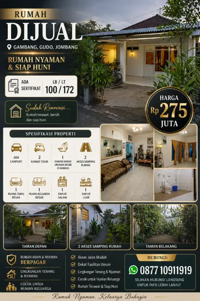 Rumah Dijual, Lingkungan Pedesaan Nyaman, Dekat Mushola & Sekolahan