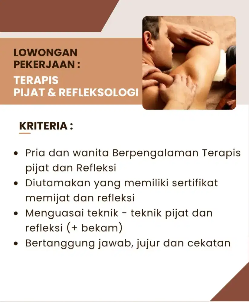 Dibutuhkan segera terapis pijat dan refleksi PRIA DAN WANITA