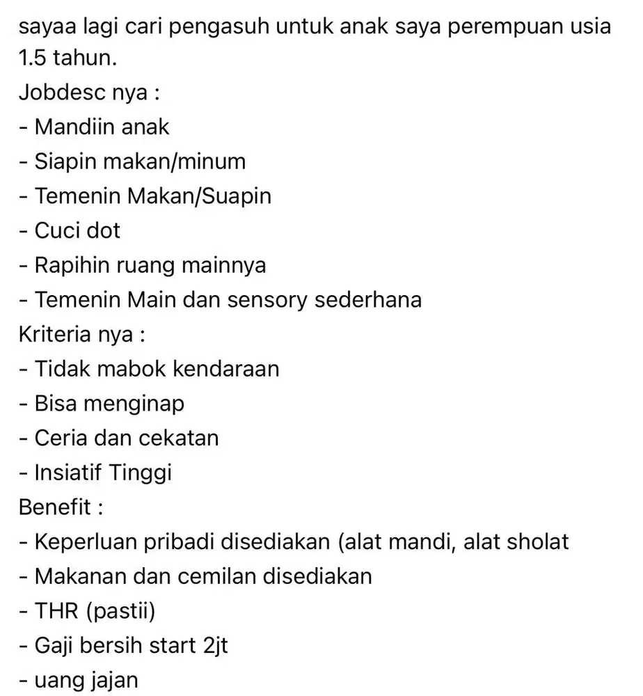 Baby Sitter/Pengasuh Balita menginap