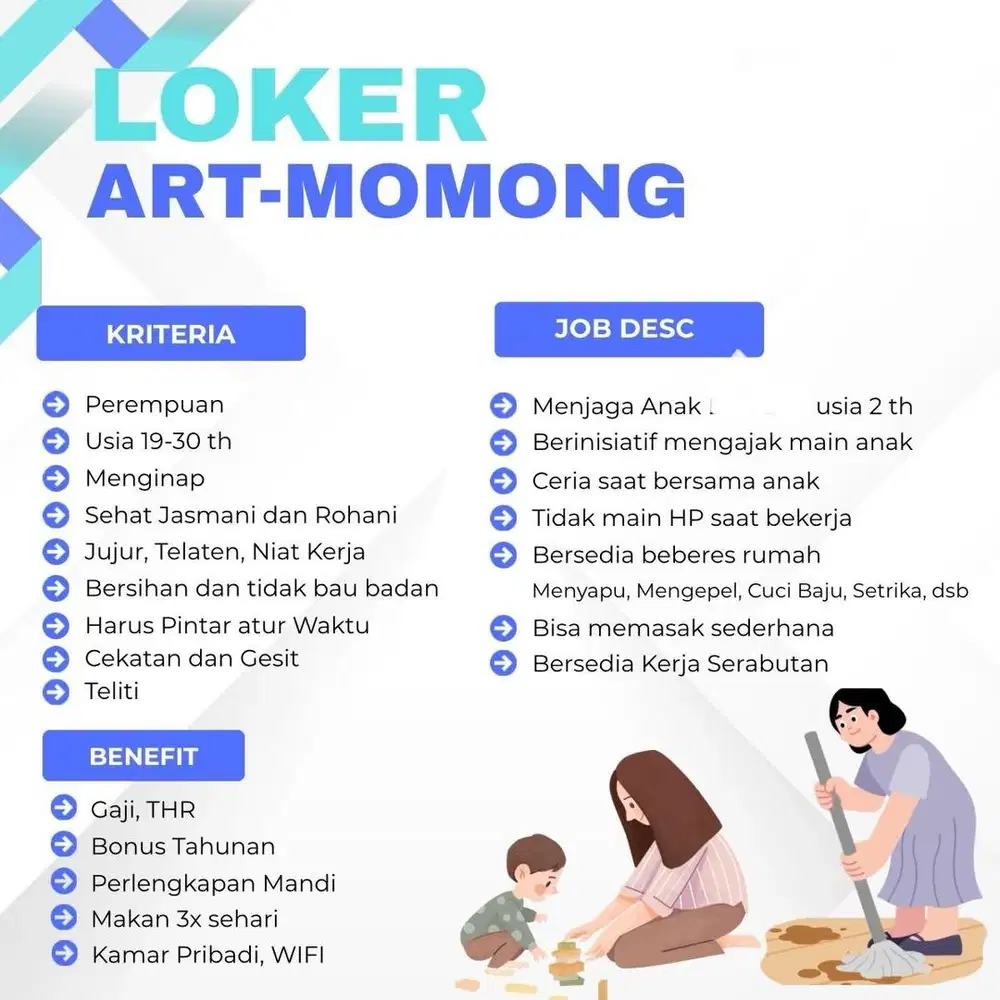 Dicari ART + momong BISA naik motor MENGINAP