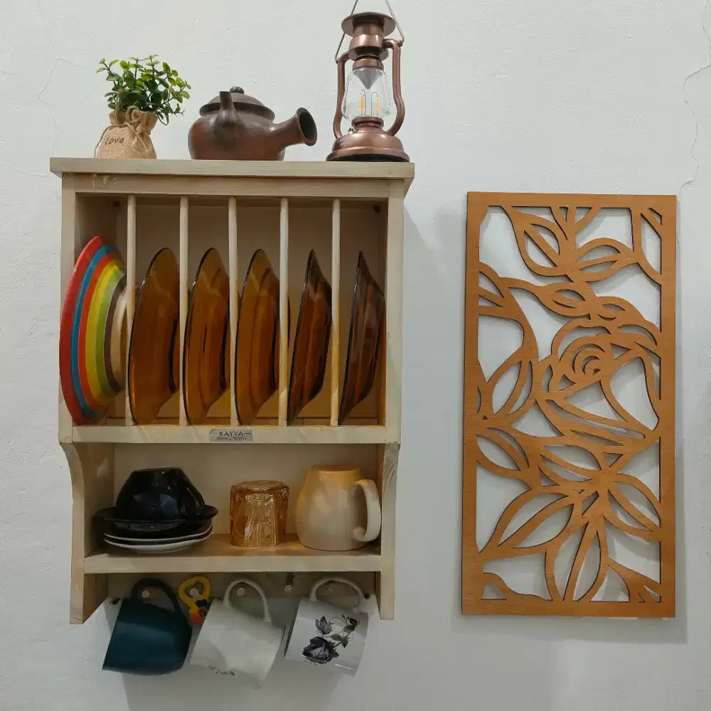Rak Piring Unik Boho Style Kayu Solid Minimalis