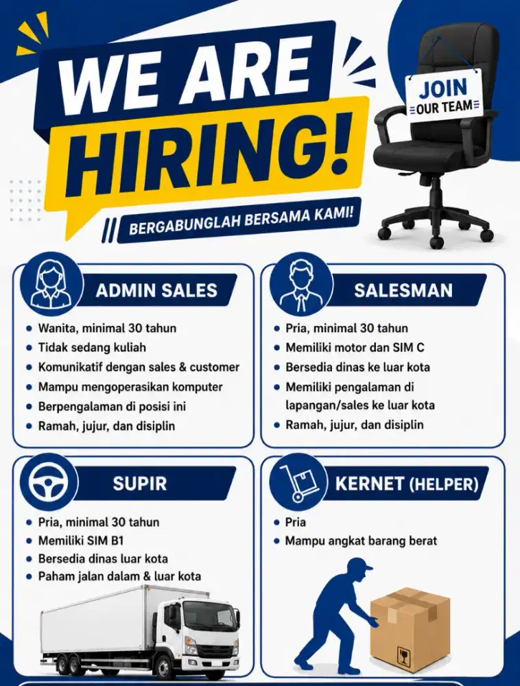 Dicari Sales, Admin, Supir, Helper