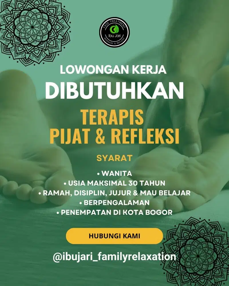 Lowongan Kerja Terapis Pijat Refleksi Wanita Berpengalaman di Bogor