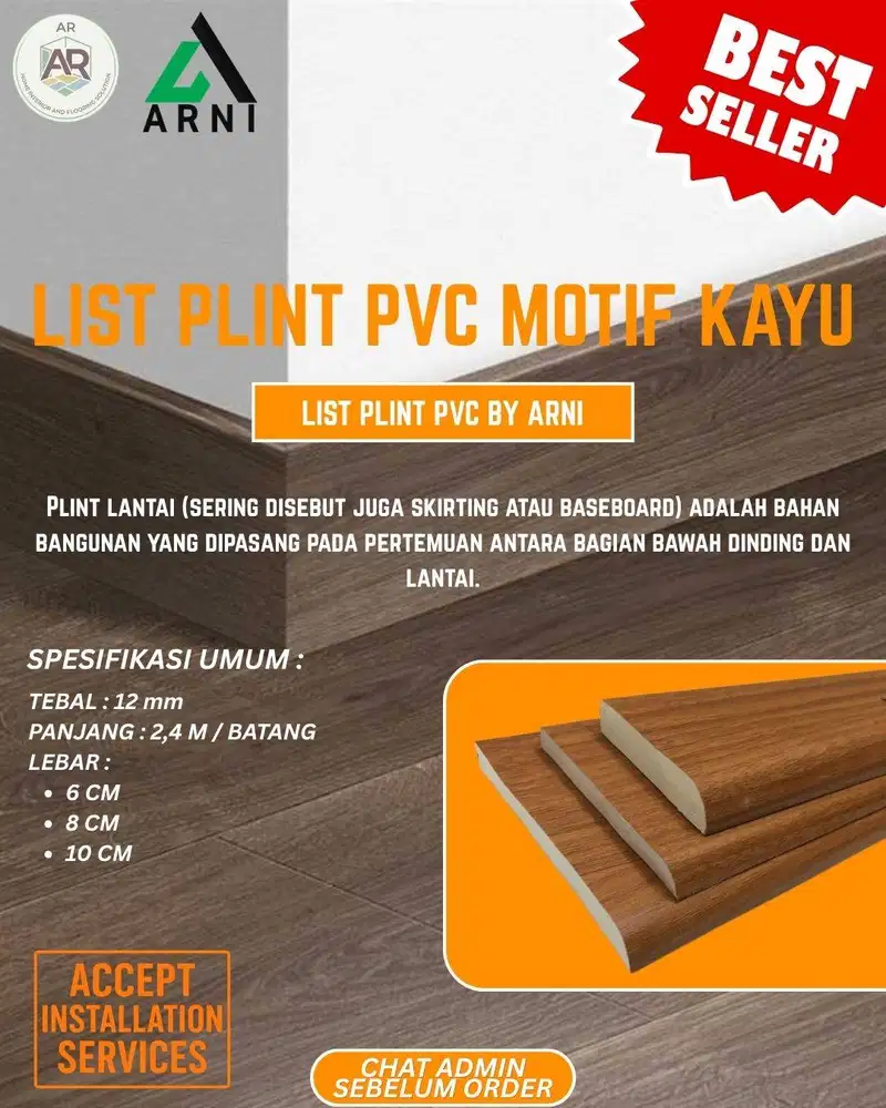 Plint Lantai PVC Solid | Panjang 2,4 m/Batang | Anti Rayap