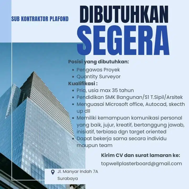 Di butuhkan Estimator, Quantity Surveyor dan Pengawas Proyek