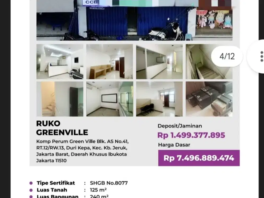 Di Jual Lelang Ruko 3 Lantai di Komp Perumahan Green Ville Blok As No. 41 Duri Kepa Jakarta Barat