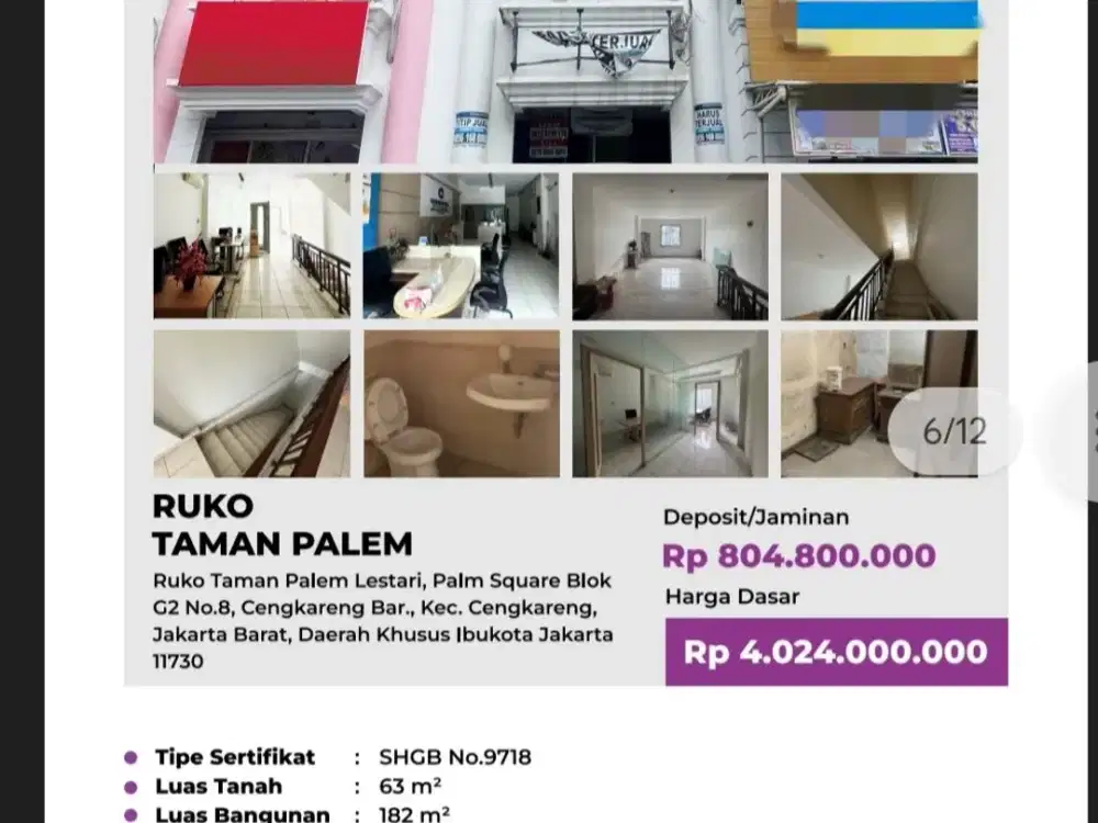 Di Jual Lelang Ruko 3 Lantai di Taman Palem Lestari, Palm Square Cengkareng Barat Jakarta Barat