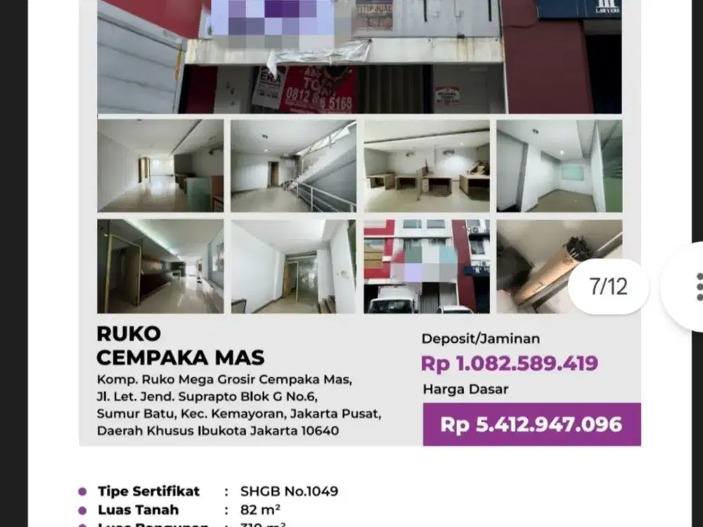 Di Jual Lelang Ruko 4 Lantai di Komp Ruko Mega Grosir Cempaka Mas Jl. Letjen Suprapto Kemayoran Jakarta Pusat