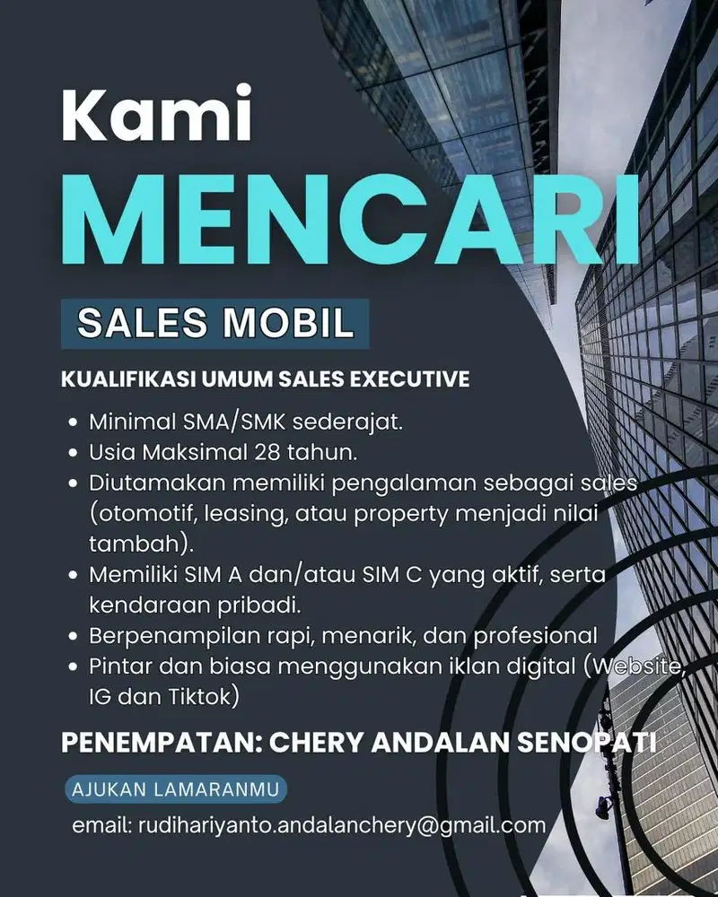 Dicari Sales Executive untuk Chery Andalan Senopati