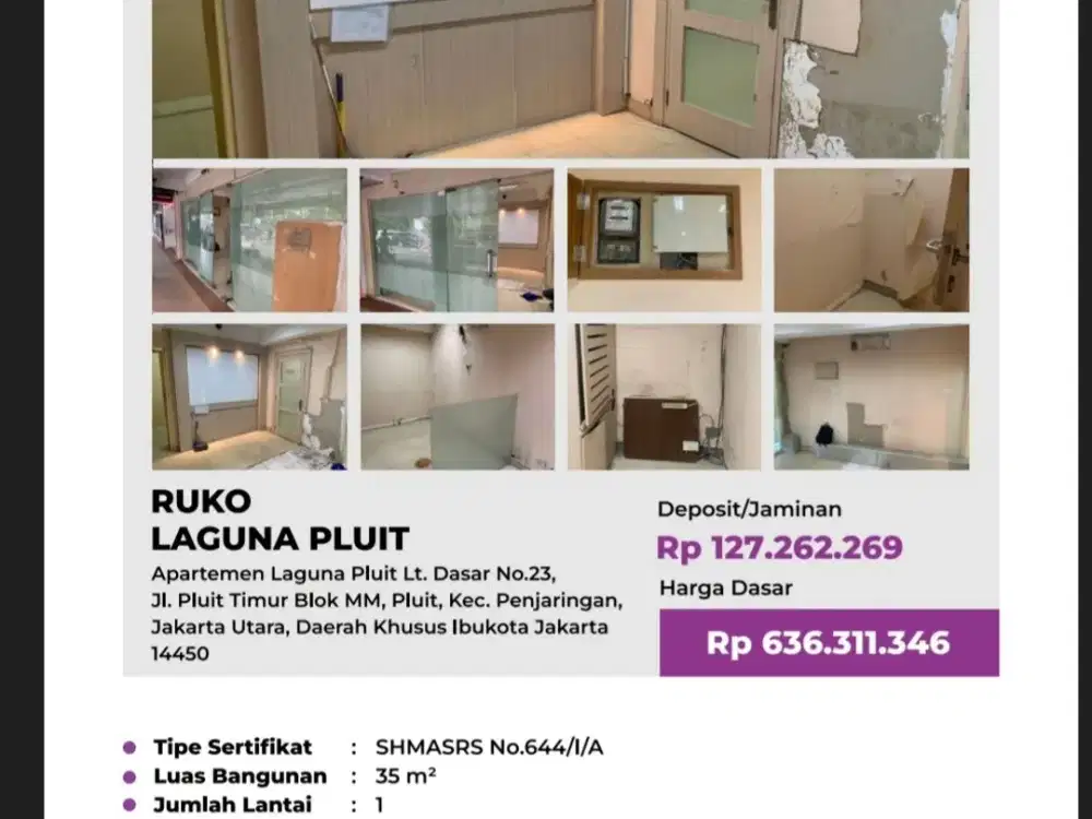 Di Jual Ruko di Apartemen Laguna Pliut Jl. Pluit Timur Blok Mm Pluit Penjaringan Jakarta Utara