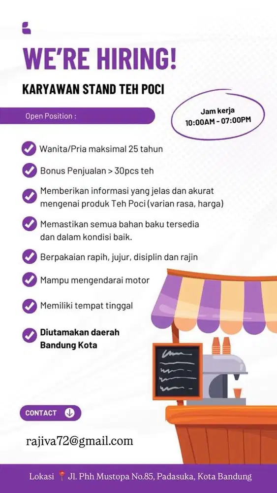 Dibutuhkan Cepat Karyawan Stand Teh Poci