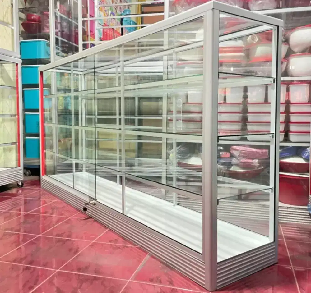 Etalase Panjang 2 Meter, Kondisi Baru, Kaca full 5mm