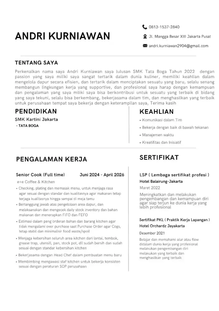 Cari pekerjaan cook/juru masak untuk cafe/Restoran