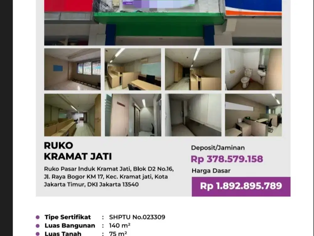 Di Jual Lelang Ruko 2 Lantai di Pasar Induk Kramat Jati Jl Raya Bogor KM 17 . Jakarta Timur