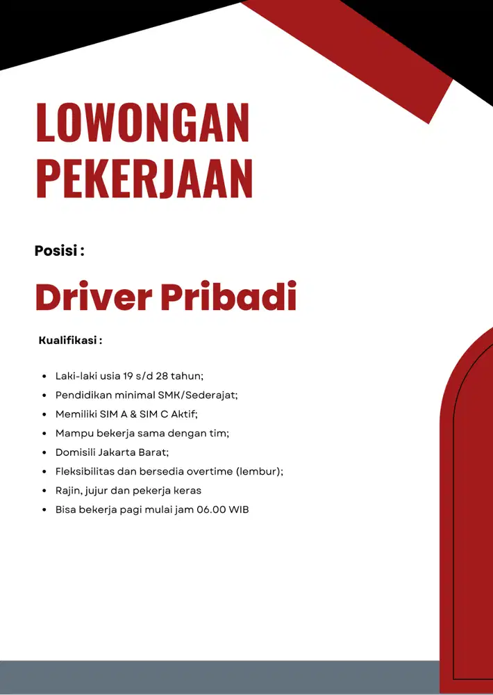 LOWONGAN DRIVER PRIBADI