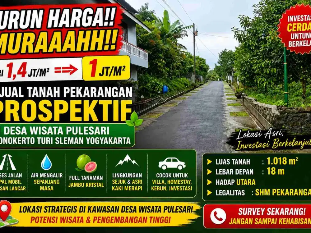 TURUN HARGA! TANAH PEKARANGAN MURAH DI DESA WISATA PULESARI TURI