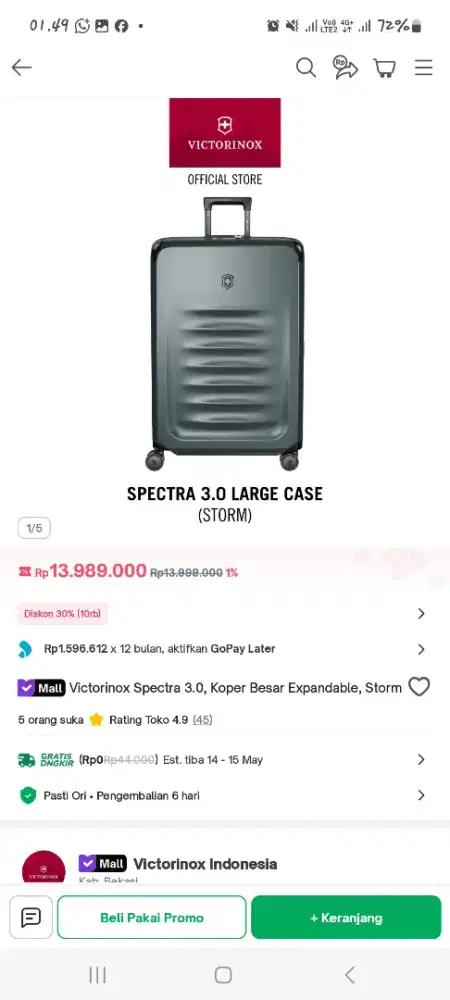 KOPER VICTORINOX SPECTRA EXPANDABLE LARGE CASE IN STORM KODE 653158