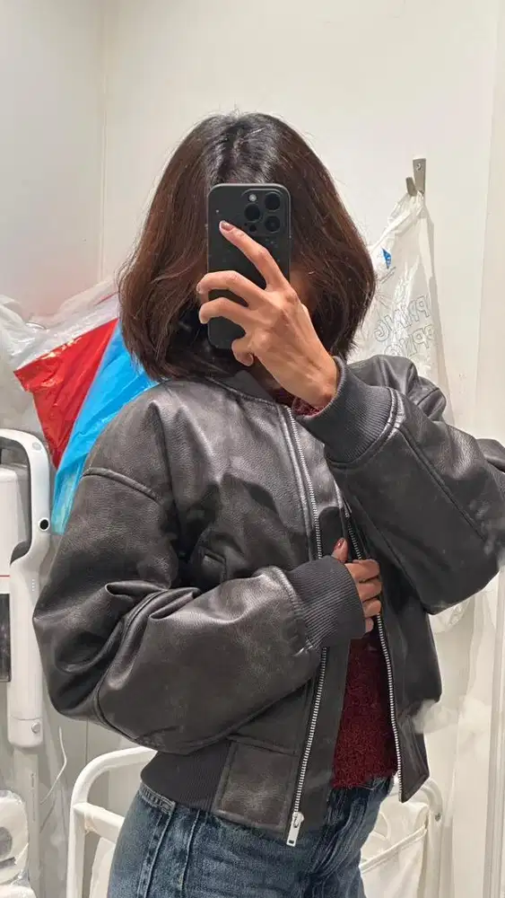 jacket leather boomber h&m tebal , nd puffy